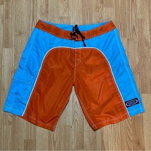 Mens Island Dream Kona Hawaii board shorts Sz 36. Swim shorts Orange/Teal adult